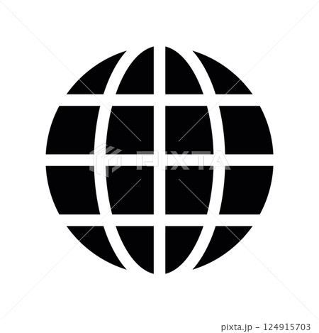 Solid black globe icon with standard white grid lines for internet representation 124915703