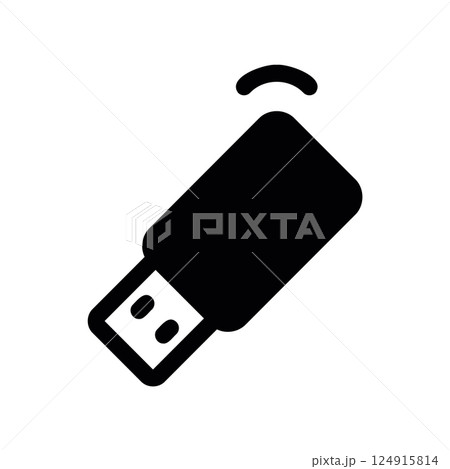 Solid icon of a USB flash drive angled with wireless signal symbol 124915814