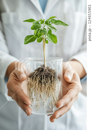 A person holds a glass containing a young plant with visible roots, showcasing the importance of nurturing growth in a controlled setting. This emphasizes the connection between soil and plant health. A person holds a glass containing a young plant with visible roots, showcasing the importance of nurturing growth in a controlled setting. This emphasizes the connection between soil and plant health. 124915901
