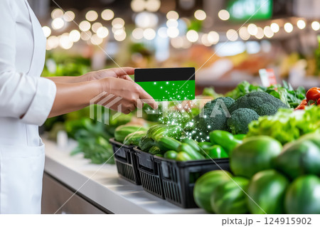 Grocery shopper holding card while selecting fresh vegetables in vibrant market. Brightly lit display featuring various greens. Concept of healthy eating, food market, grocery shopping. Grocery shopper holding card while selecting fresh vegetables in vibrant market. Brightly lit display featuring various greens. Concept of healthy eating, food market, grocery shopping. 124915902