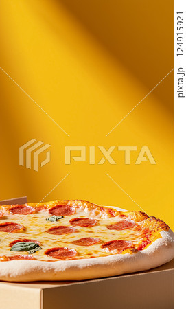 Indulging in a visually appealing slice of extra cheesy pepperoni pizza nestled in a delivery box, highlighted by warm soft light that enhances its delightful textures. Indulging in a visually appealing slice of extra cheesy pepperoni pizza nestled in a delivery box, highlighted by warm soft light that enhances its delightful textures. 124915921