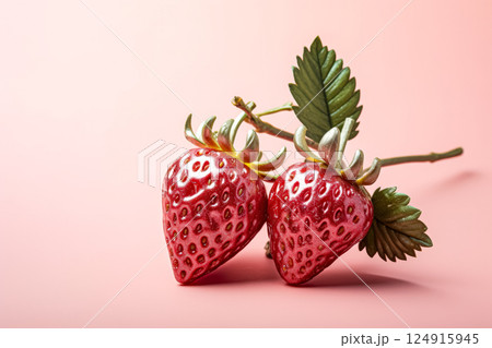 Two shiny red strawberries on a pink background Two shiny red strawberries on a pink background 124915945