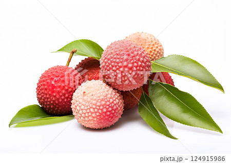 Bunch of red and white lychee with a leaf on top. Bunch of red and white lychee with a leaf on top. 124915986