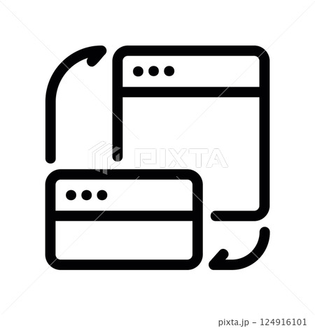 Black outline icon depicting two browser windows linked by curved transfer arrows Black outline icon depicting two browser windows linked by curved transfer arrows 124916101