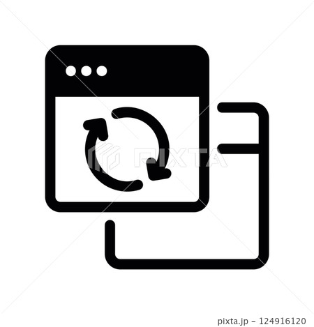 Solid black browser window icon with a circular refresh arrow overlaying another element Solid black browser window icon with a circular refresh arrow overlaying another element 124916120