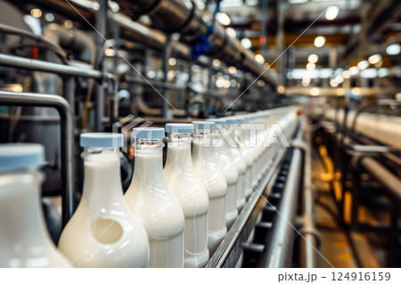 Line of milk bottles are being filled at a factory. Line of milk bottles are being filled at a factory. 124916159