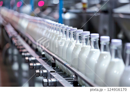 Line of milk bottles are being filled at a factory. 124916170