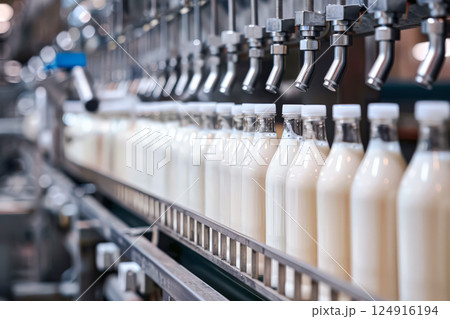Line of milk bottles are being filled at a factory Line of milk bottles are being filled at a factory 124916194
