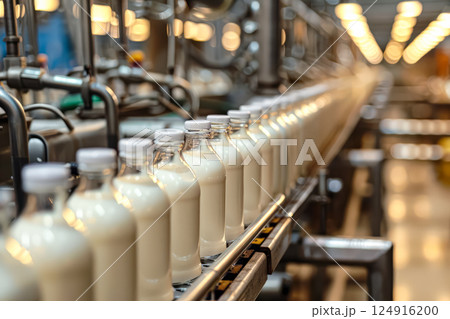 Line of milk bottles are being filled at a factory. 124916200
