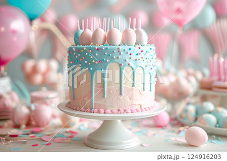 Pink and blue cake with pink and blue frosting drizzled on top. 124916203