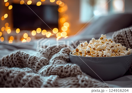Bowl of popcorn is on a bed with a blanket 124916204