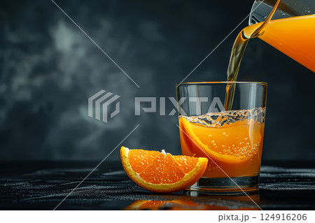 Glass of orange juice is poured into a glass. 124916206