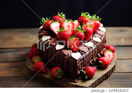 Heart-shaped chocolate cake with strawberries on top. 124916207