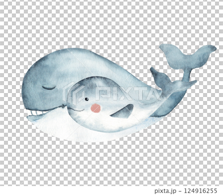 Happy Father's Day composition. Dad and baby blue whales. Watercolor Hand drawn Sea animal illustration isolated on white background. For cards, posters, children t-shirts prints. Happy Father's Day composition. Dad and baby blue whales. Watercolor Hand drawn Sea animal illustration isolated on white background. For cards, posters, children t-shirts prints. 124916255