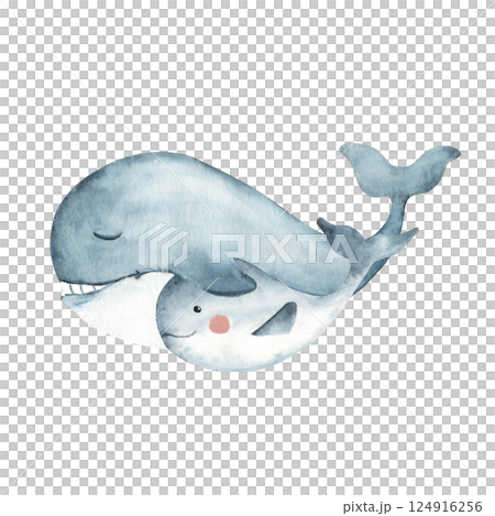 Dad and baby blue whales. Happy Father's Day composition. Watercolor Hand drawn Sea animal illustration isolated on white background. For cards, posters, children t-shirts prints. Dad and baby blue whales. Happy Father's Day composition. Watercolor Hand drawn Sea animal illustration isolated on white background. For cards, posters, children t-shirts prints. 124916256