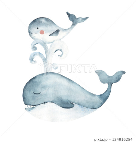 Son and dad whales. Happy Father's Day. Sea animal Watercolor Hand drawn illustration isolated on white background. For cards, posters, children textile prints. 124916284