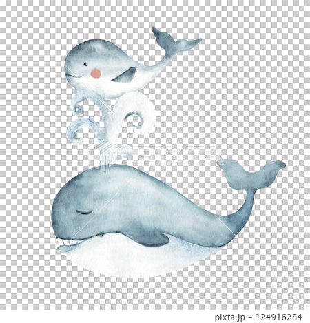 Son and dad whales. Happy Father's Day. Sea animal Watercolor Hand drawn illustration isolated on white background. For cards, posters, children textile prints. 124916284