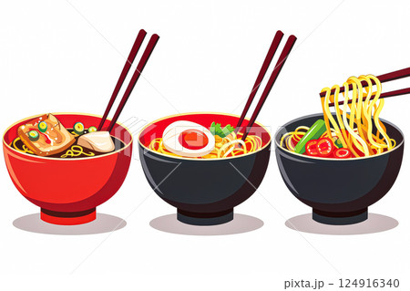 Three bowls of food with chopsticks in them 124916340