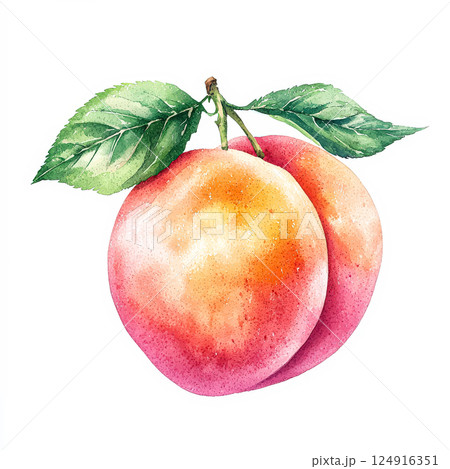 Watercolor painting of a peach with a leaf on top 124916351