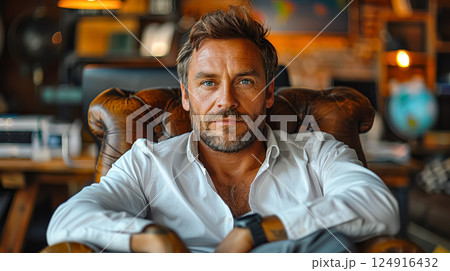 Man in a leather chair with a watch on his wrist Man in a leather chair with a watch on his wrist 124916432
