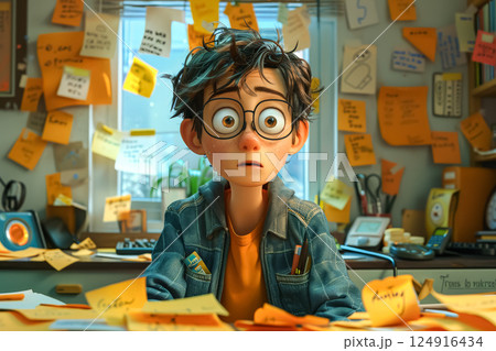 Boy with glasses is sitting at a desk with a lot of papers on it Boy with glasses is sitting at a desk with a lot of papers on it 124916434