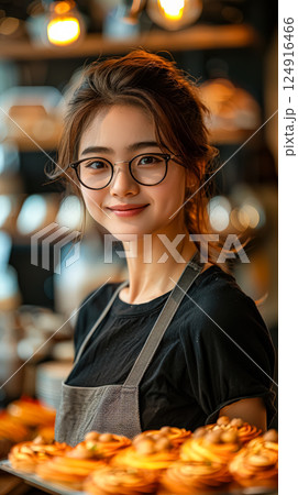 Woman wearing glasses and a black apron stands in front of a tray of pastries 124916466