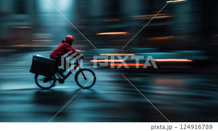Bicycle courier riding quickly through city street at night 124916789