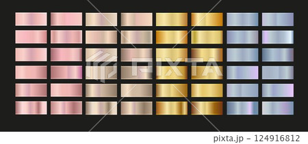Gold rose, silver, holographic, bronze and golden foil texture gradation set. Vector shiny hologram and metallic gradient collection 124916812