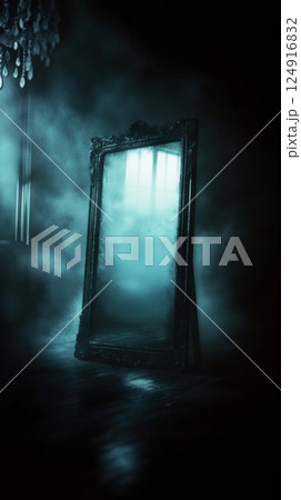 Mysterious antique framed mirror surrounded by fog in dark atmospheric setting 124916832