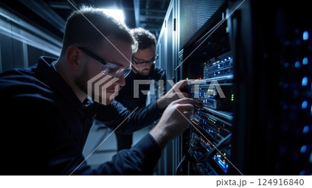 Technicians working on server equipment in modern data center 124916840
