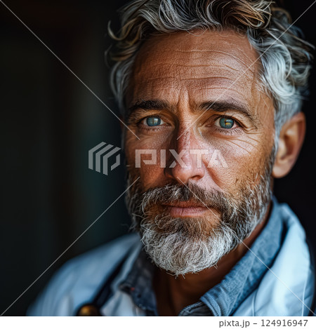 Man with a beard and gray hair is looking at the camera 124916947