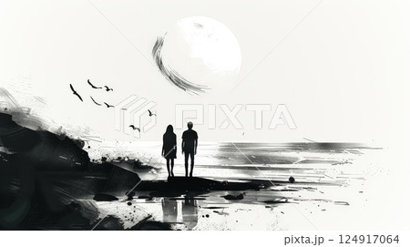 Couple standing on a beach at night with a full moon in the background 124917064