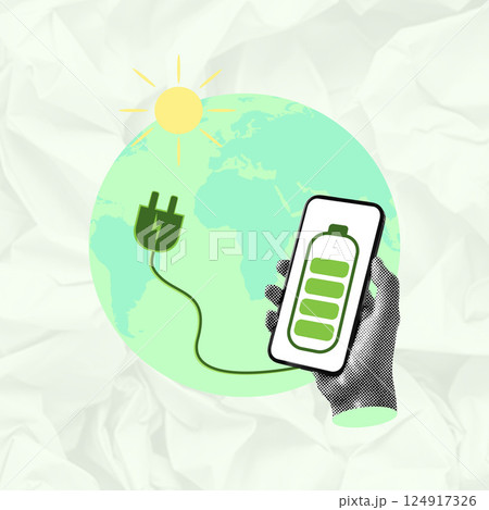 Sustainability and Renewable Energy. A digital collage showcasing the connection between technology and nature through a charging battery and a globe. Sustainability and Renewable Energy. A digital collage showcasing the connection between technology and nature through a charging battery and a globe. 124917326