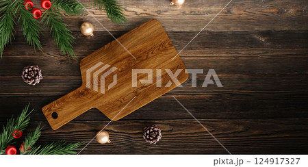 Holiday Cutting Board with Pine Accents 3D Render. Holiday Cutting Board with Pine Accents 3D Render. 124917327
