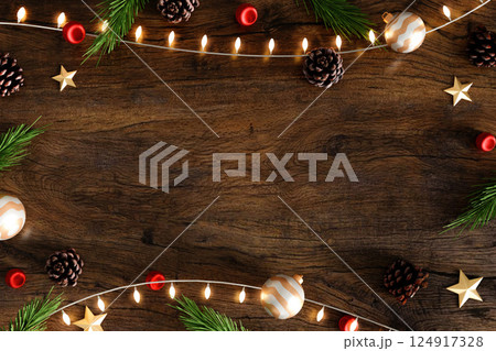 Elegant Christmas Decorations on Classic Wooden Table 3D Render Elegant Christmas Decorations on Classic Wooden Table 3D Render 124917328
