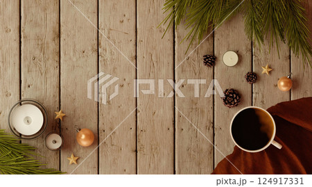 Cozy Candlelit Coffee with Pine and Ornaments 3D Render 124917331