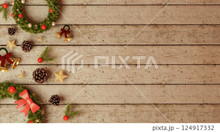 Christmas wreath and decor with pinecones, stars on wooden background. Christmas wreath and decor with pinecones, stars on wooden background. 124917332
