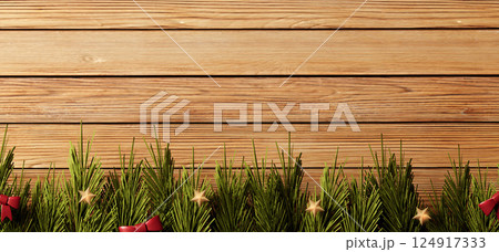 Festive Pine Border with Wooden Background 3D Render. 124917333