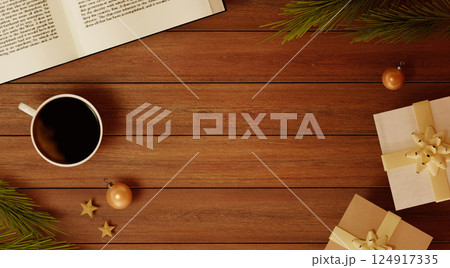 Holiday Coffee with Book and Gifts on Wooden Table 3D Render 124917335