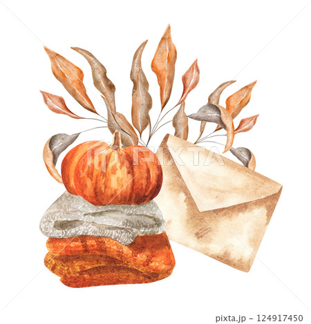 Autumn envelope with pumpkin abstract leaves isolated on a white background. Hand drawn watercolor. For cards, invitation 124917450