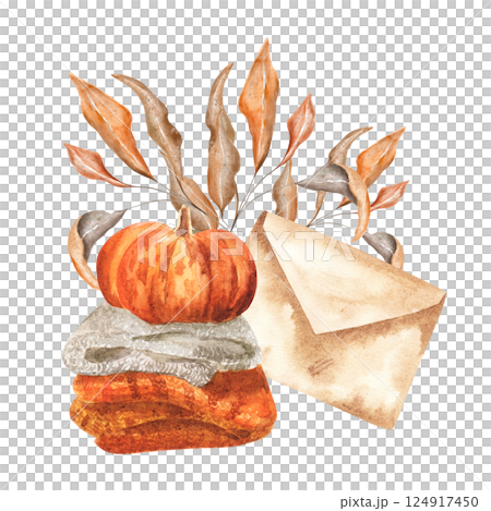 Autumn envelope with pumpkin abstract leaves isolated on a white background. Hand drawn watercolor. For cards, invitation 124917450