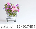 Shopping cart with summer pink flowers on white background, an empty space for text. Festive banner, template for advertisements of online shopping, flower delivery, weddings, floral gifts 124917455