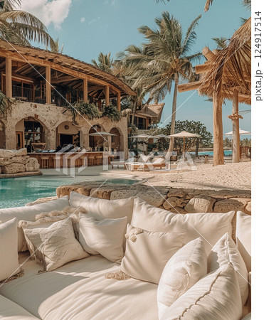 Tropical resort swimming pool and cafe bar near the beach 124917514