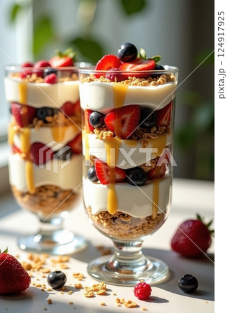 Two elegant glass parfait cups filled with layers of creamy yogurt, colorful fresh berries, and crunchy granola. The parfaits are beautifully constructed with alternating layers of white yogurt. 124917925