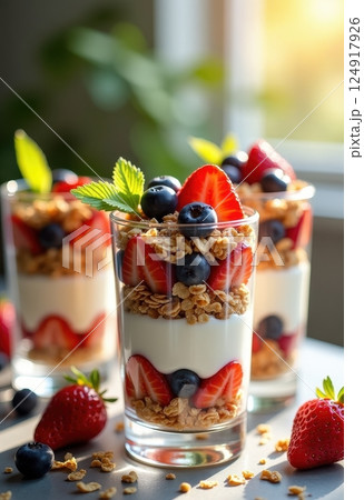 The image shows three beautifully layered parfait glasses filled with yogurt, granola, and fresh berries. Each glass contains alternating layers of creamy white yogurt, crunchy golden granola. 124917926