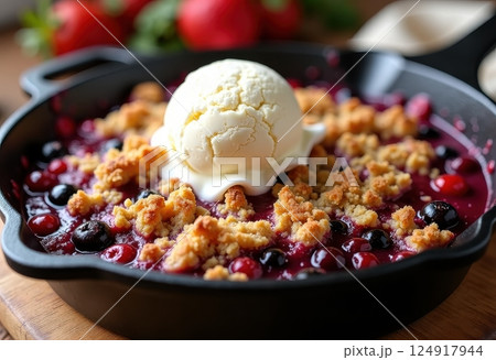 A delectable berry crumble served in a black cast iron skillet, featuring a vibrant mix of red and dark berries topped with golden crumble and a perfect scoop of vanilla ice cream.  124917944