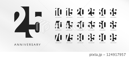 Cutout geometric anniversary numbers from 10 to 95 on bright white background. Modern universal identity for editorial, event and corporate design. Flat vector illustration 124917957