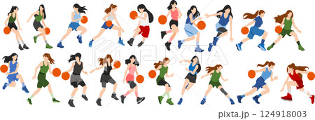バスケットボールをする女性のイラストセット 124918003