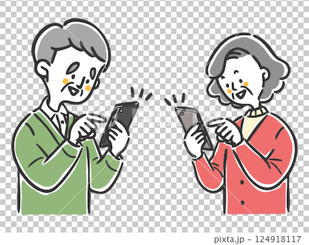 Senior couple operating a smartphone, upper body, vector 124918117
