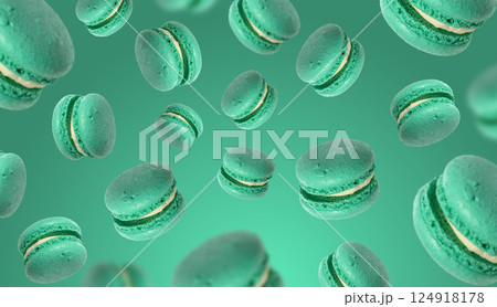 Mint green macarons with a light filling are falling or floating against a teal background. The macarons are scattered at different angles, creating a dynamic scene Mint green macarons with a light filling are falling or floating against a teal background. The macarons are scattered at different angles, creating a dynamic scene 124918178
